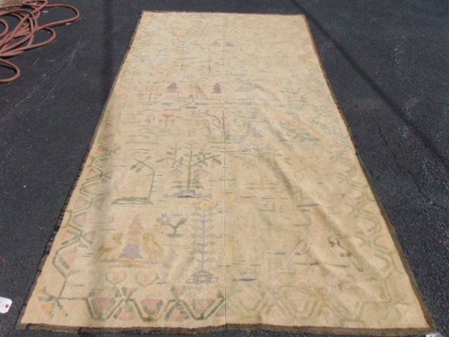 Roomsize hooked rug, decorated with birds, flowers, houses, faded, worn, carpet is 10'7" by 5'6" (1 of 6)