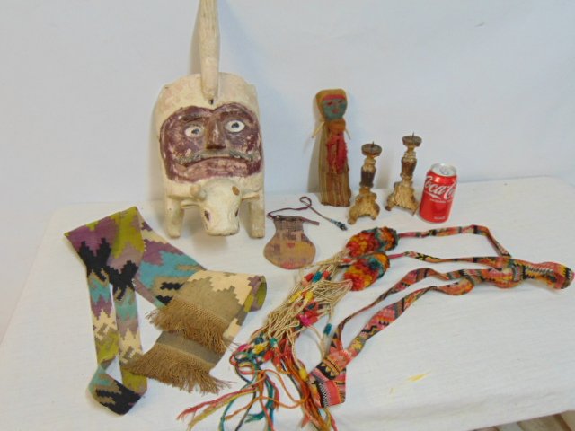 Lot, Paper Mache mask, pair of smal carved wood candle holders, fabric figure, mother with child & f (1 of 5)