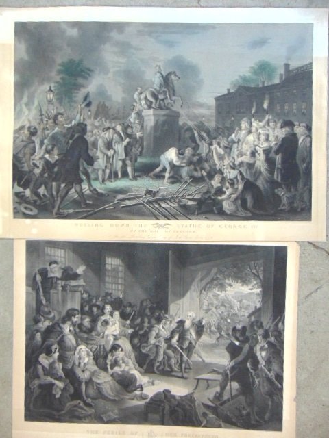 2 engravings, "The Perils of our Forefathers", engraved by John McRae, some loss at corners, sheet i: 2 engravings, "The Perils of our Forefathers", engraved by John McRae, some loss at corners, sheet is 22.5" by 29.25" & "Pulling down the Statue of George III", also engraved by John McRae, 23.75" by 