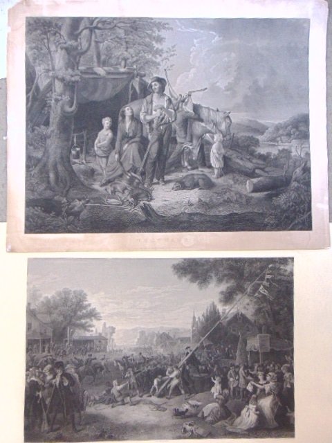 2 engravings, "Raising the Libert Pole", Commemorative of 1776, engraved by John McRae, 26.25" by 39: 2 engravings, "Raising the Liberty Pole", Commemorative of 1776, engraved by John McRae, 26.25" by 39.75" & "Westward Ho!", engraved by T.D. Booth, has discolored areas, few small tears in margins, 26