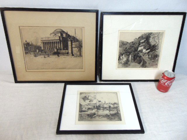 3 framed etchings, Carl Nordell, Walter Harrison Smith & J.C. Vandrous, path in small village by Wal (1 of 10)