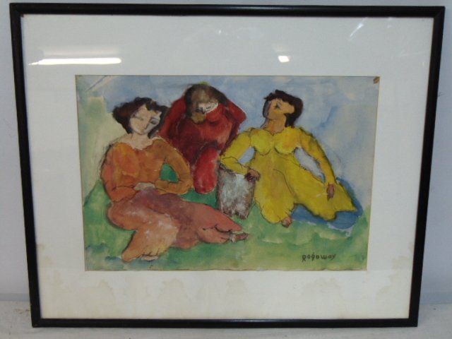 Painting, 3 figures, Alfred Rogoway, watercolor, 12.75" by 18.5", matting  is lightly stained at bot (1 of 4)