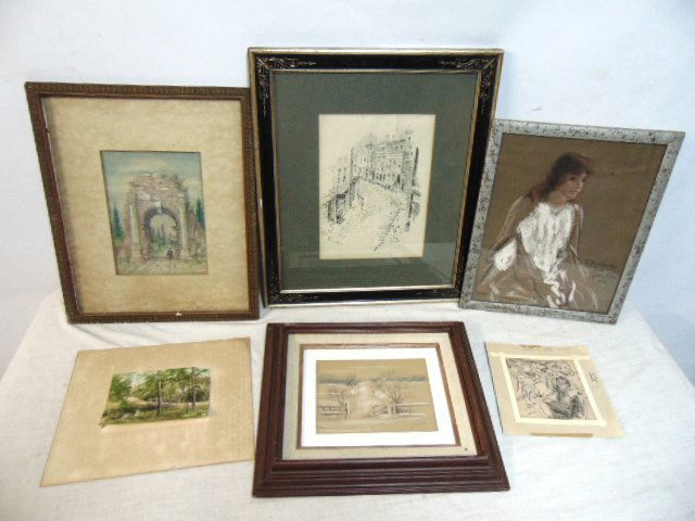 Art lot, 6 paintings, watercolors, pastel, includes figure under ruined arch, signed H. HoneyFitch, (1 of 16)