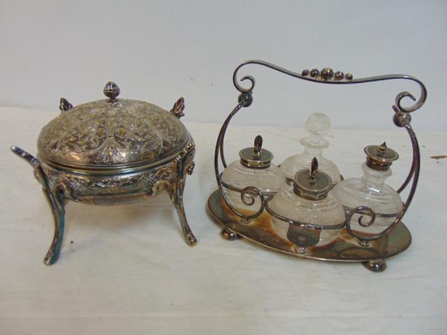 Fancy silver plated covered bowl & condiment set, covered bowl has removable inner liner, condiment: Fancy silver plated covered bowl & condiment set, covered bowl has removable inner liner, condiment set has 4 crystal jars, bottles, MW&S maker