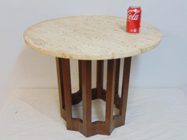 Mid Century travertine top side table, Italian, top is 26" in diameter, height is 21.25": Mid Century travertine top side table, Italian, top is 26" in diameter, height is 21.25"