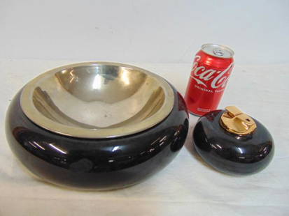 Aldo Tura Italian design lighter & bowl with silver plate insert, bowl is 10" in diameter.: Aldo Tura Italian design lighter & bowl with silver plate insert, bowl is 10" in diameter.
