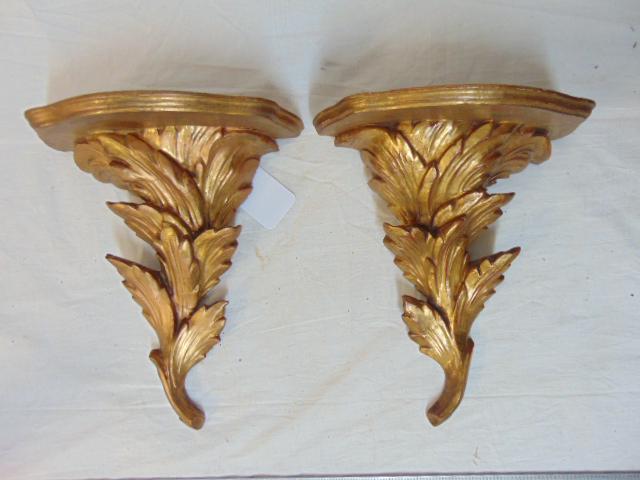 Pair gilt wood brackets, wall shelves, one in repaired condition, height is 11.5": Pair gilt wood brackets, wall shelves, one in repaired condition, height is 11.5"