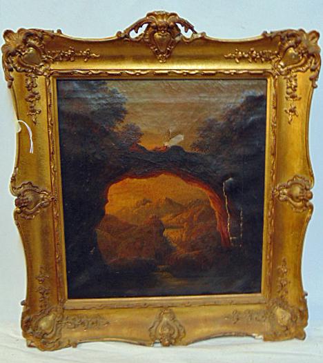 Painting, castle seen through stone bridge in twilight landscape, unsigned (Gustavus Eilshemius ??),: Painting, castle seen through stone bridge in twilight landscape, unsigned (Gustavus Eilshemius ??), oil on linen, has tears, gilt framed, 14.75" by 13.5"