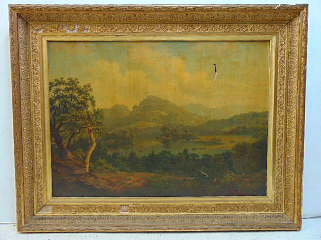 Painting, landscape, W.F. DeHaas, (William Frederick), scenic landscape with lake & mountains, needs: Painting, landscape, W.F. DeHaas, (William Frederick), scenic landscape with lake & mountains, needs cleaning, has two small tears, oil on canvas, gilt framed, canvas is 26" by 36.25"