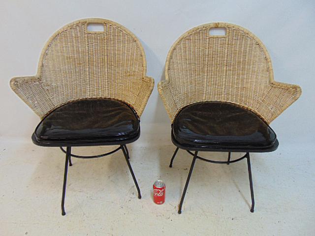 Pair Salterini wicker back, iron base chairs with (original ?) black vinyl seat cushions, good: Pair Salterini wicker back, iron base chairs with (original ?) black vinyl seat cushions, good condition.