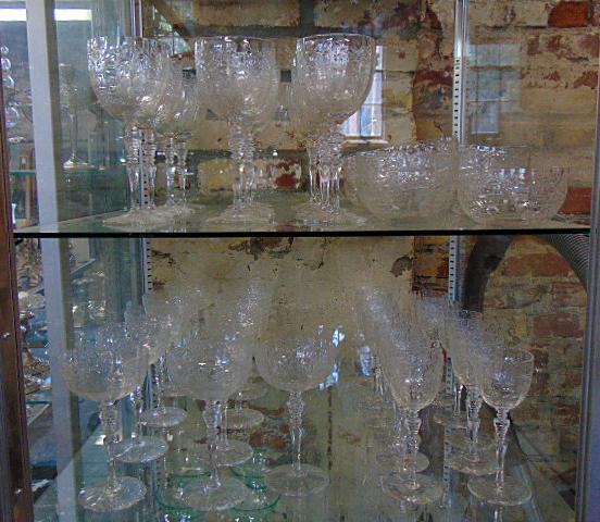 Set crystal stemware, 12 small stems, 11 medium stems, 12 large stems & 11 finger bowls, fine: Set crystal stemware, 12 small stems, 11 medium stems, 12 large stems & 11 finger bowls, fine quality, cut with floral designs,