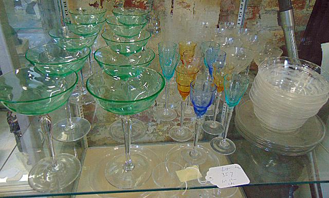 Lot stemware, 10 green stems, 10 small multi colored stems, 7 small plates with 9 finger bowls, 8: Lot stemware, 10 green stems, 10 small multi colored stems, 7 small plates with 9 finger bowls, 8 small stems, 6 cordial style stems