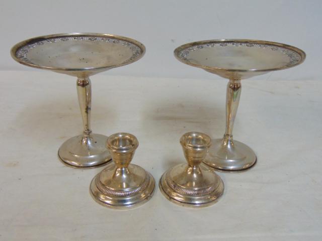 Pair weighted sterling silver compotes & pair weighted candle holders, compotes have reticulated: Pair weighted sterling silver compotes & pair weighted candle holders, compotes have reticulated edge with urn designs, height is 6"