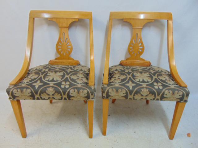 Pair maple side chairs with pattern upholstered seats, curved backs with carved detail: Pair maple side chairs with pattern upholstered seats, curved backs with carved detail
