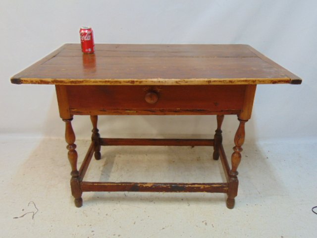 Pine single drawer country work table, stretcher base, op is 42.25" by 26.25", height is 28.25", loo: Pine single drawer country work table, stretcher base, op is 42.25" by 26.25", height is 28.25", loose joints