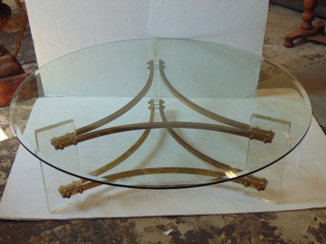 Charles Hollis Jones brass, Lucite & glass coffee table, mid Century design, top is 48" in diameter,: Charles Hollis Jones brass, Lucite & glass coffee table, mid Century design, top is 48" in diameter, beveled edge, glass good, brass stretcher has worn patina.