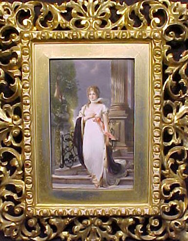 Porcelain plaque, Koningin Luise von Richter: Painting on porcelain, portrait of "Koningin Luise v. Richter" (written on back). 8.25" by 5.25", signed "Wagner", good condition, no chips or hairlines, in fine gilt frame, frame has repairs in sever