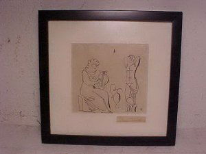 Drawing, figures, signed James Thurber, 4.25" by 4: Drawing, figures, signed James Thurber, 4.25" by 4.5", ink on paper, woman with harp, a vase and a male figure, paper slightly yellow, signed lower right "Th"