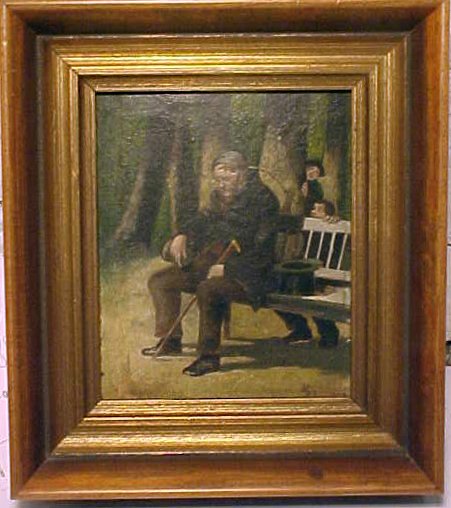 O/B, Frederick Rondel, children & man on bench: Estate found oil on board depicting a man on a bench with cane and tall hat being poked in the head with a stick by two boys, signed lower right "R", 6" by 5"