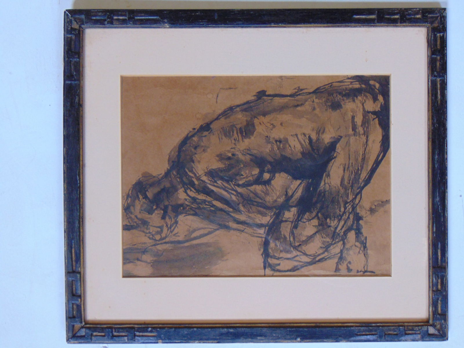 Ink & watercolor on brown paper, study of a seated figure, unsigned, 10.5" by 8" (sight), framed. (1 of 1)