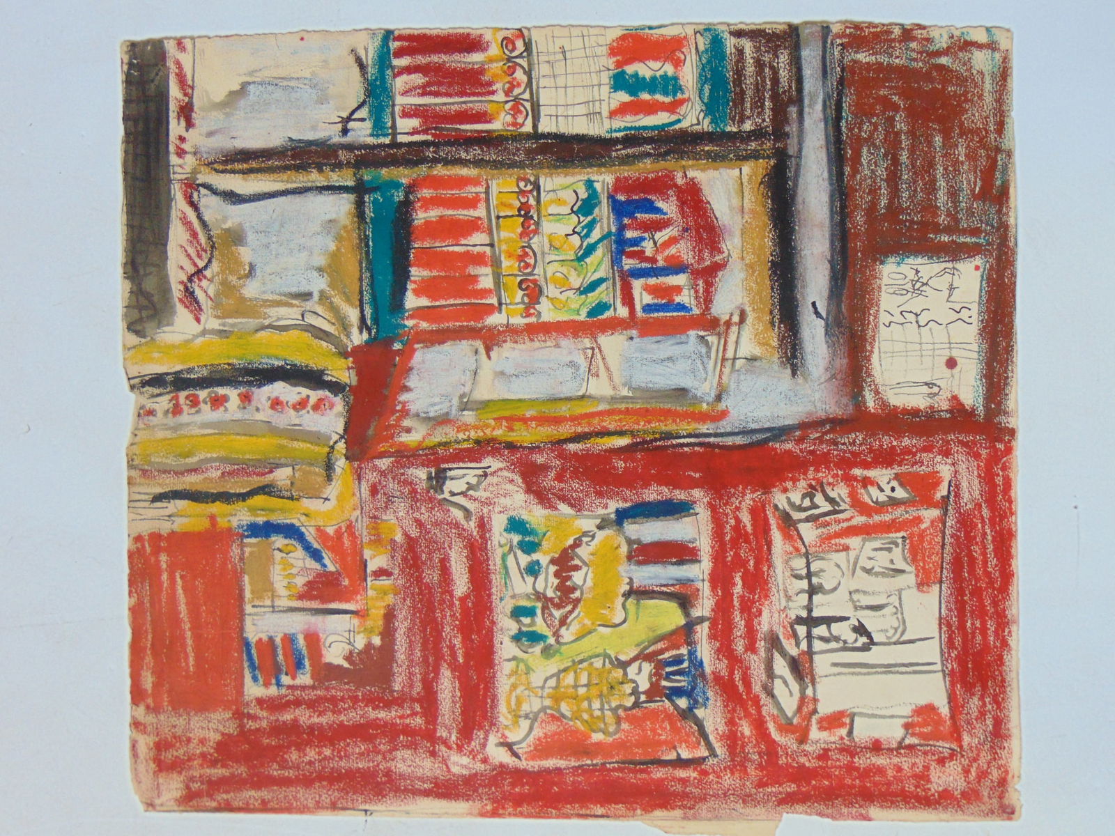 Watercolor & chalk (?) on paper, various paintings, window, unsigned, 18.5" by 16.75" (1 of 1)