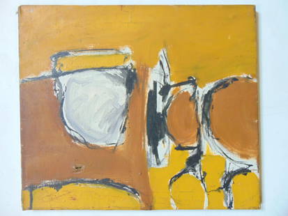 Oil on canvas, abstract in brown, mustard yellow, unsigned, on stretcher, 18" by 21", canvas has: Oil on canvas, abstract in brown, mustard yellow, unsigned, on stretcher, 18" by 21", canvas has small hole