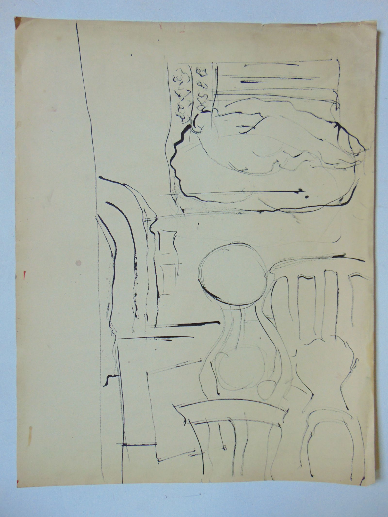 ink drawing, various chairs, shapes, double sided, clock & loveseat on reverse, signed & dated 1963, (1 of 2)