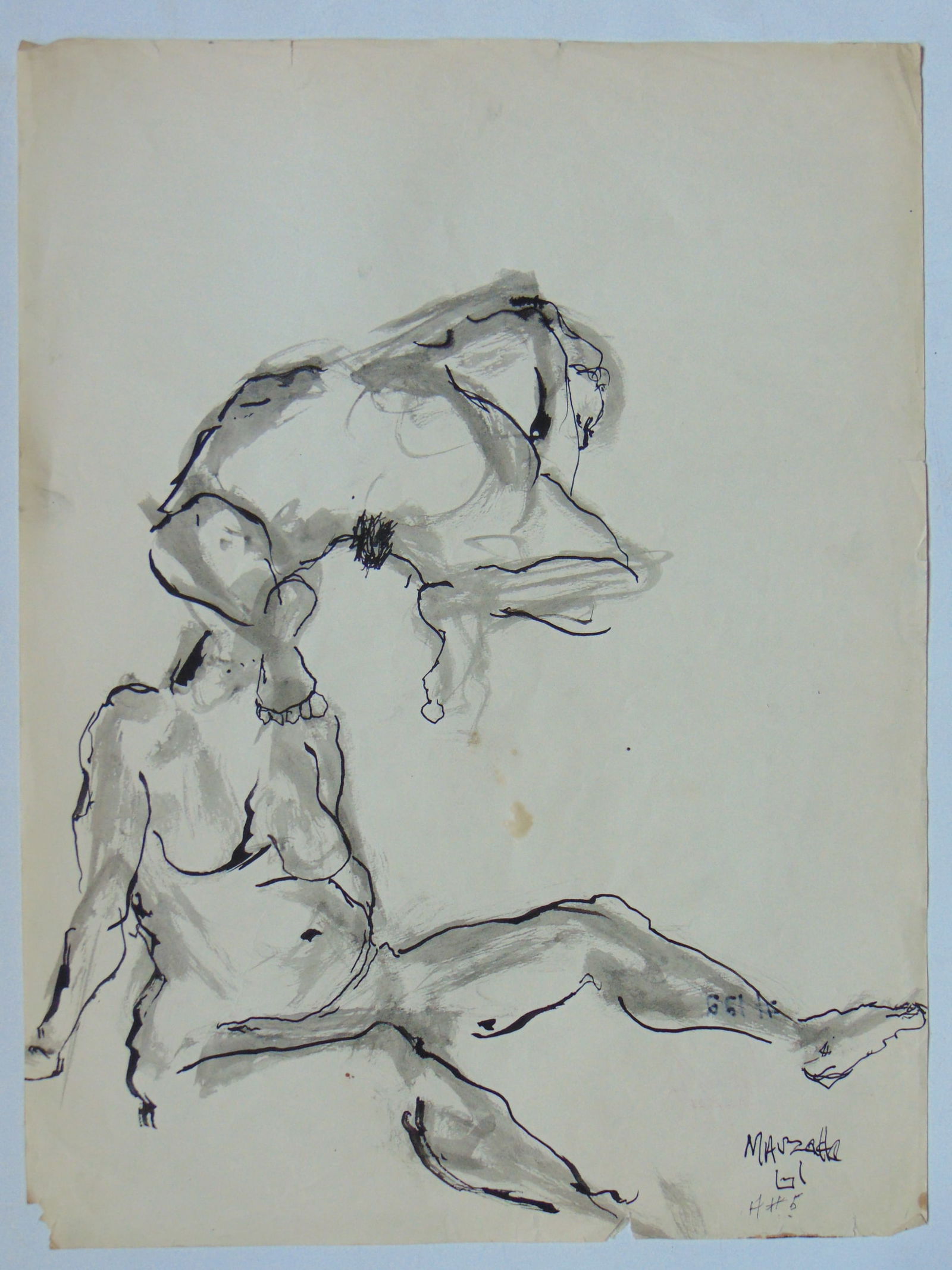 Watercolor & ink on paper, study of 2 nudes, signed lower right, dated 1961, left lower corner has (1 of 1)
