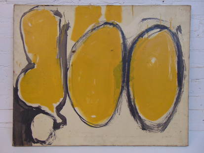 Oil on canvas, abstract with 3 large yellow shapes, unsigned, on stretcher, 24" by 30": Oil on canvas, abstract with 3 large yellow shapes, unsigned, on stretcher, 24" by 30"