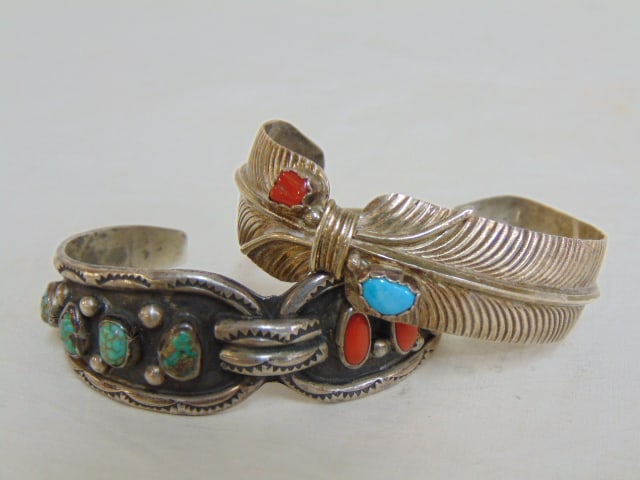Jewelry. (2) Navajo Native American sterling turquoise & red coral cuff bracelets, feather design (1 of 5)