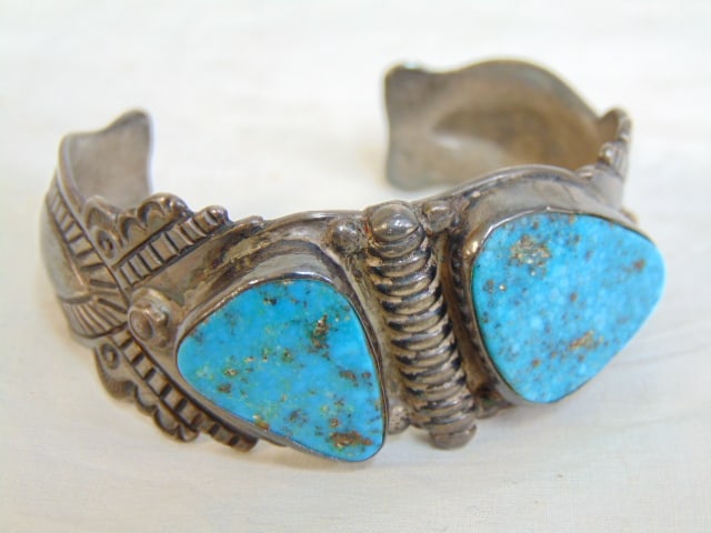Jewelry. Navajo Native American sterling silver turquoise cuff bracelet w/ two large geometric (1 of 4)