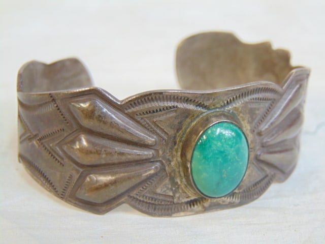 Jewelry. Navajo Native American sterling silver green turquoise cuff bracelet w/ stamp work, figure (1 of 4)