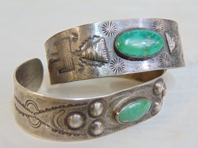 Jewelry. (2) Navajo Native American sterling silver turquoise cuff bracelets w/ stampwork, oval (1 of 4)