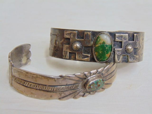 Jewelry. (2) Navajo Native American sterling silver turquoise cuff bracelets w/ stampwork, good (1 of 4)