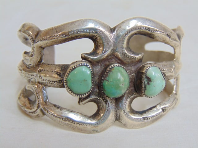 Jewelry. Navajo Native American sterling silver turquoise cuff bracelet w/ open work design & three (1 of 4)
