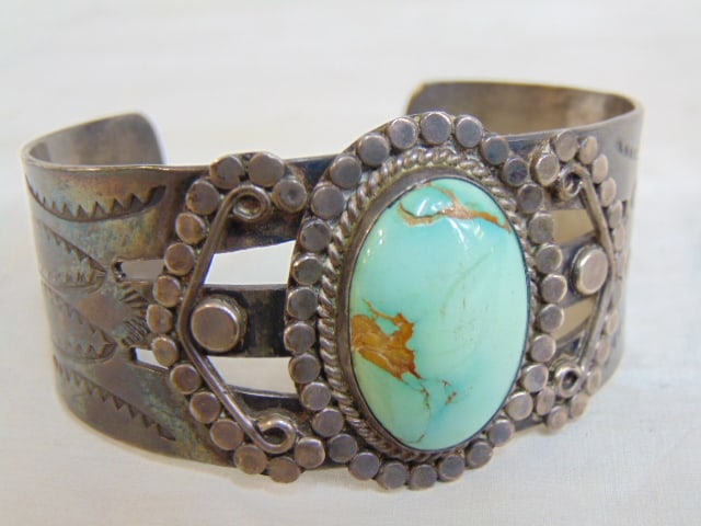 Jewelry. Navajo Native American sterling silver turquoise cuff bracelet w/stamp work, open design, (1 of 4)