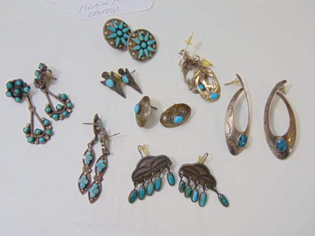Jewelry. (8) Pairs turquoise sterling silver earrings, some signed, TM sterling; WS sterling; SN 925 (1 of 5)