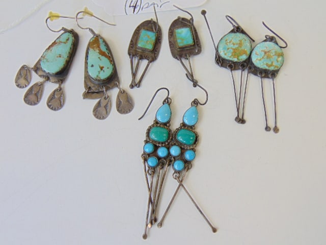 Jewelry. (4) Vintage turquoise sterling earring, robin's egg blue. 36.50 grams total weight (1 of 4)