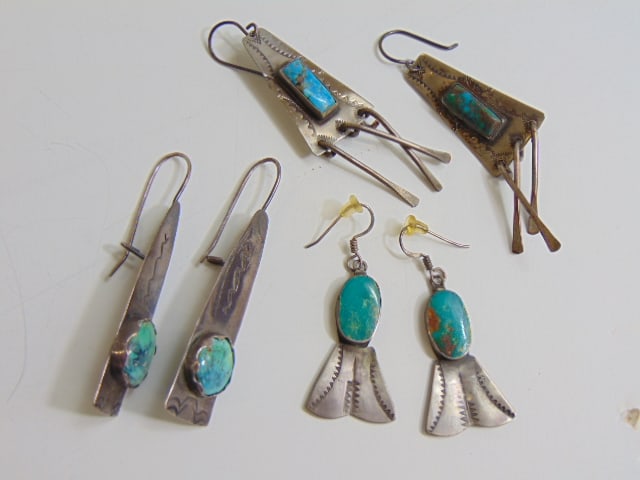 Jewelry. (3) Pair Vintage turquoise sterling earrings, 28.45 total grams, hallmark see photo (1 of 3)