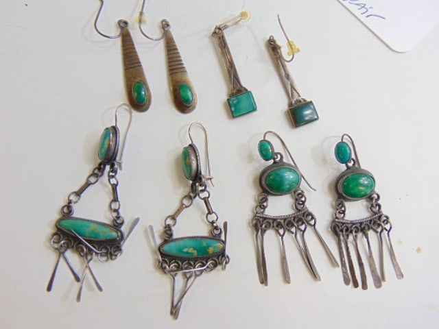 Jewelry. Native American earrings, (4) individual pairs sterling silver turquoise earrings. (1 of 4)