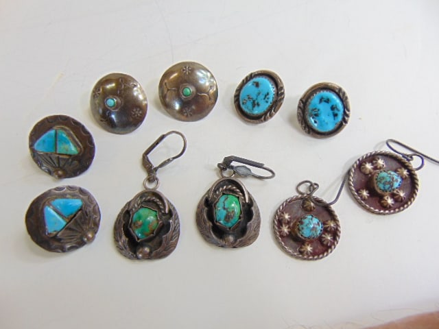 Jewelry. Native American sterling turquoise earrings, (5) individual pairs, blue button post back (1 of 3)