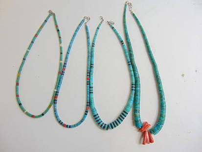 Jewelry. (4) Native American Navajo turquoise disk & bead necklaces, black stone Heishi disk/shells,: Jewelry. (4) Native American Navajo turquoise disk & bead necklaces, black stone Heishi disk/shells,