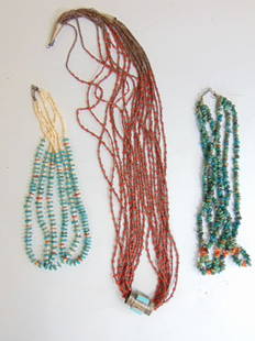 Jewelry. (3) Native American necklaces red coral bead necklace w/ sterling turquoise stamp work: Jewelry. (3) Native American necklaces red coral bead necklace w/ sterling turquoise stamp work slide; triple strand nugget turquoise necklace; triple turquoise & shell necklace, all in good condition