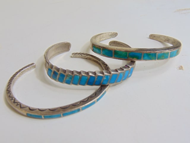Jewelry. (3) Native American inlaid turquoise sterling silver cuff/bracelets, one has stampwork (1 of 3)