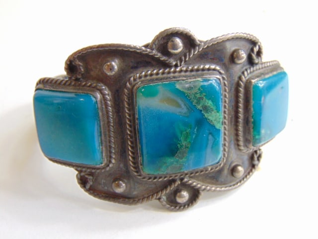 Jewelry. Native American three stone sterling silver cuff/bracelet chrysocolla?, stampwork 60 grams (1 of 4)