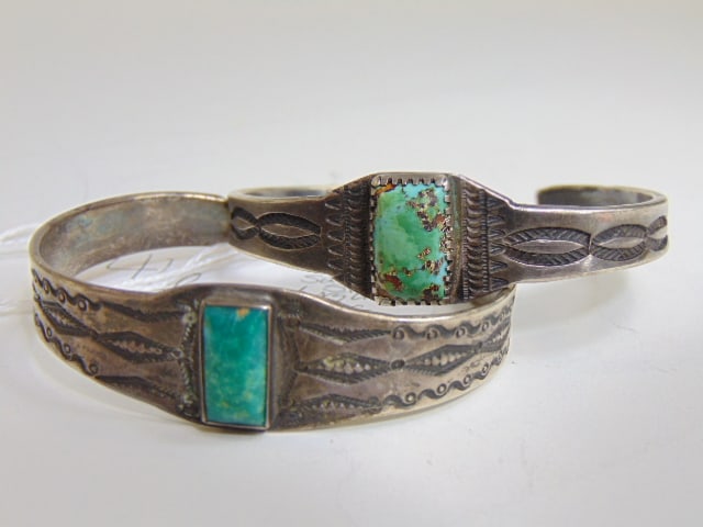 Jewelry. (2) Native American turquoise sterling silver cuff/bracelets, stampwork. 53.63 grams (1 of 4)