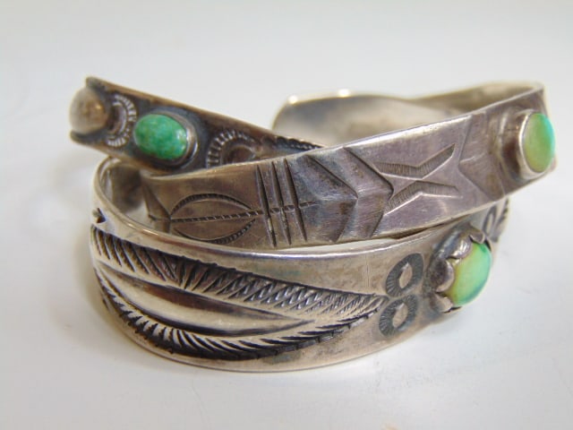 Jewelry. (3) Native American green turquoise stampwork sterling cuff/bracelets, SEA MAG engraved on (1 of 4)