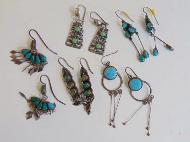 Jewelry. (5) pairs of sterling silver earrings, turquoise, vintage french hook earrings. 43.15 grams (1 of 4)