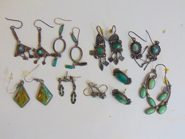 Jewelry. (9) pairs of sterling silver earrings, blue & green turquoise vintage earrings, 6 pairs w/ (1 of 5)