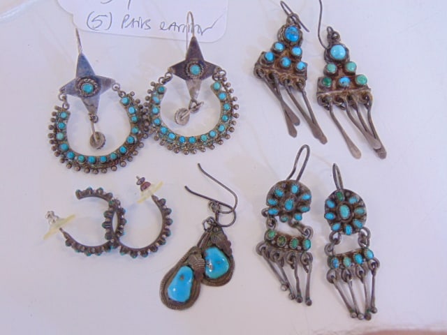 Jewelry. (5) pairs of sterling silver turquoise vintage earrings. 4 pairs french hook & 1 pair (1 of 5)